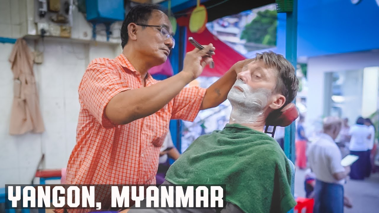 💈 Wet Shave At Colorful Local Neighborhood Street Barber Shop | Yangon Myanmar