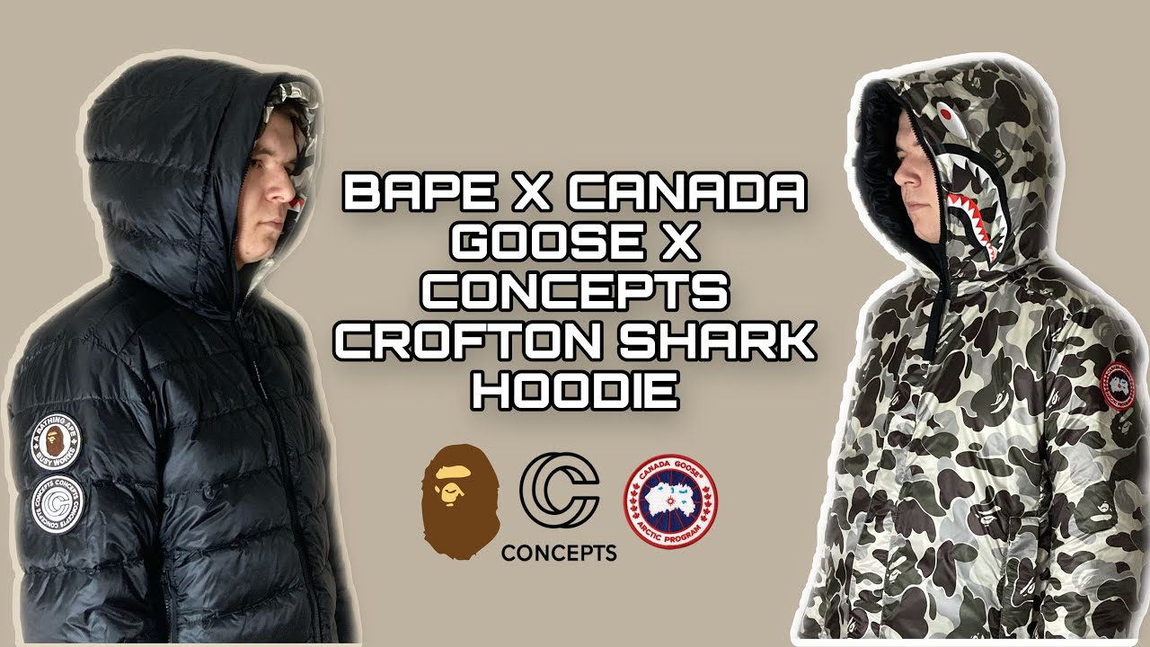 BAPE X CANADA GOOSE X CONCEPTS CROFTON SHARK HOODIE BLACK/SNOW CAMO FULL REVIEW!