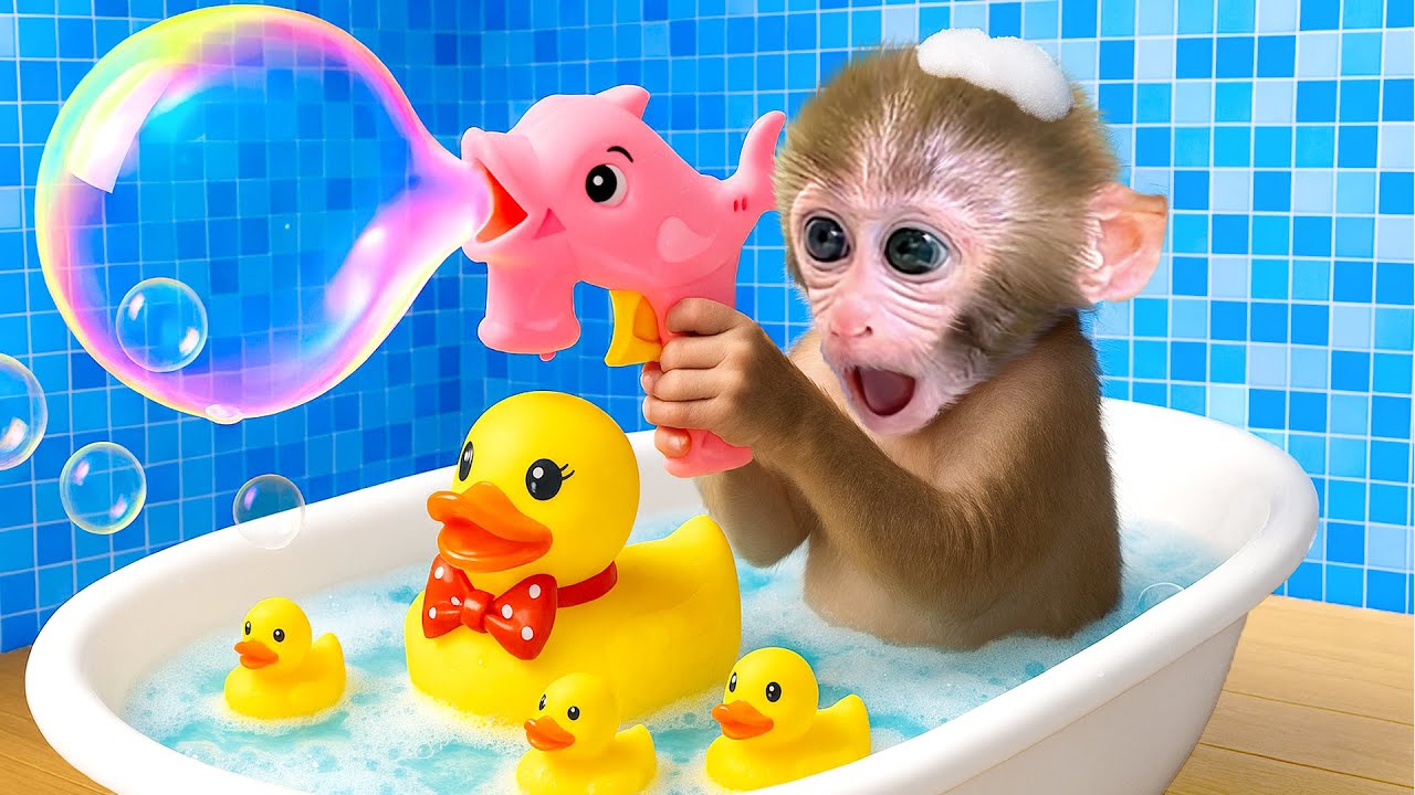 Bebé Mono BonBon crea grandes bolas de arcoíris y corre con el patito adorable - Mono HT Esp