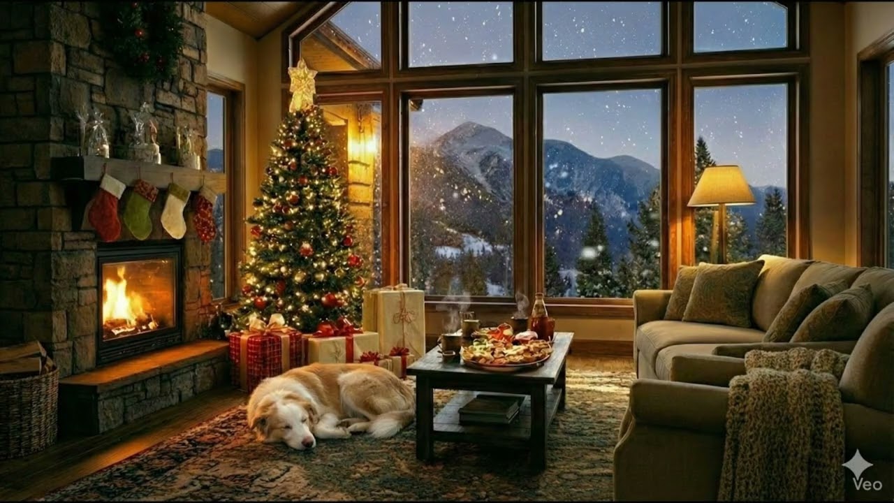 relaxing cabin snow scene with roaring relaxing fire