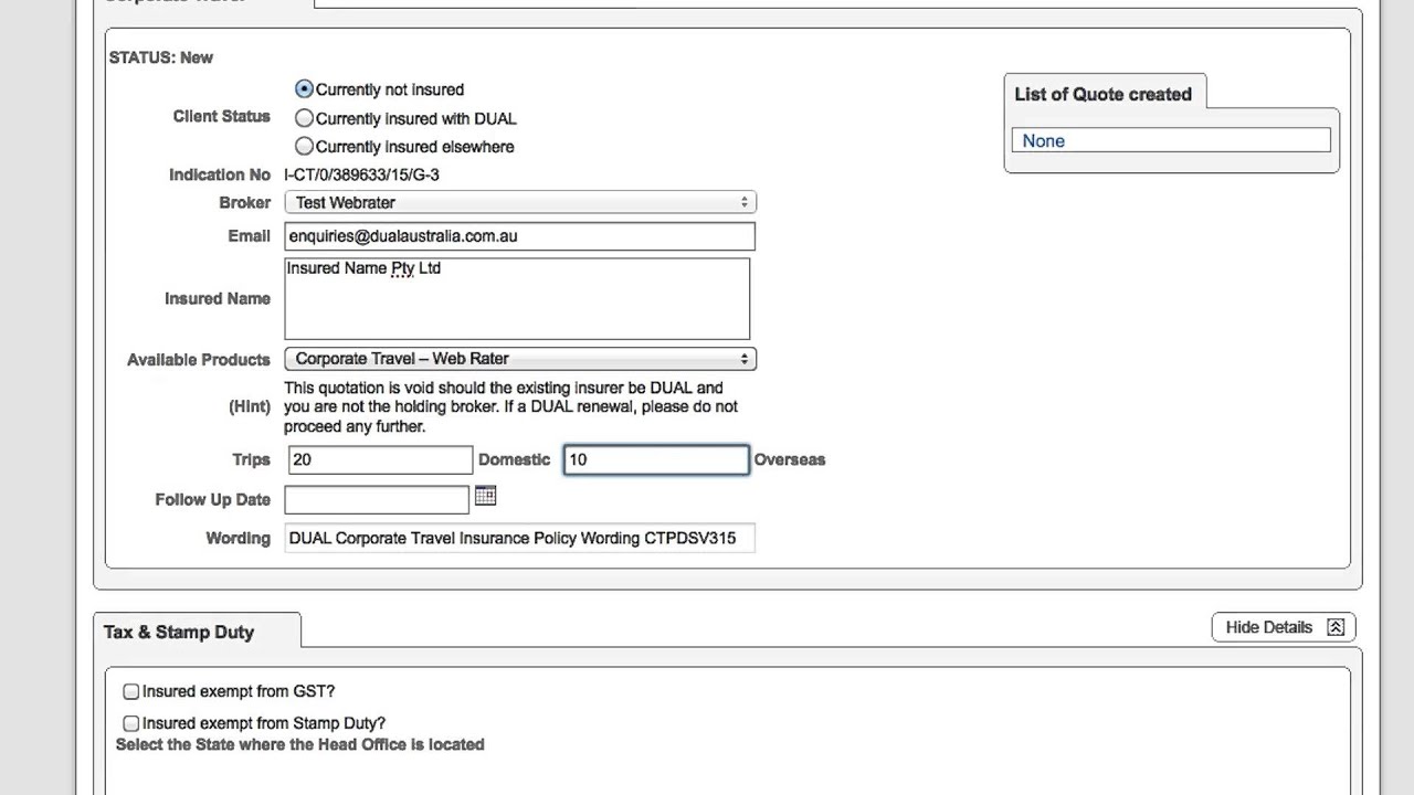 Creating a new business quotation and policy for CorporateTravel