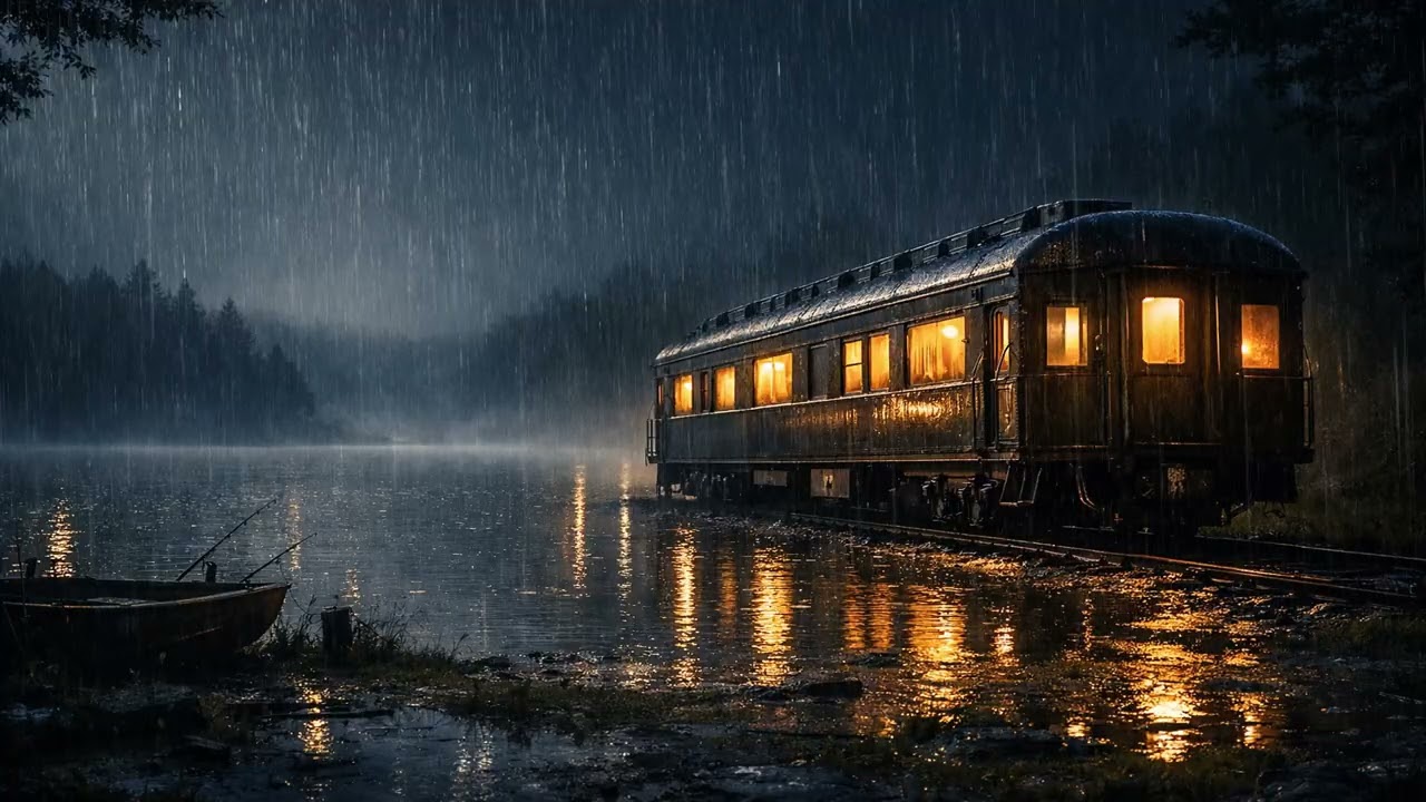 Rainy Night Train Ambience 🌧️ Cozy Train Car by the Lake | Relaxing Rain Sounds