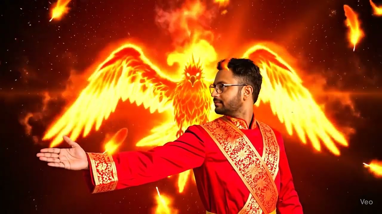 Epic side profile of me standing with arms outstretched as a fiery phoenix