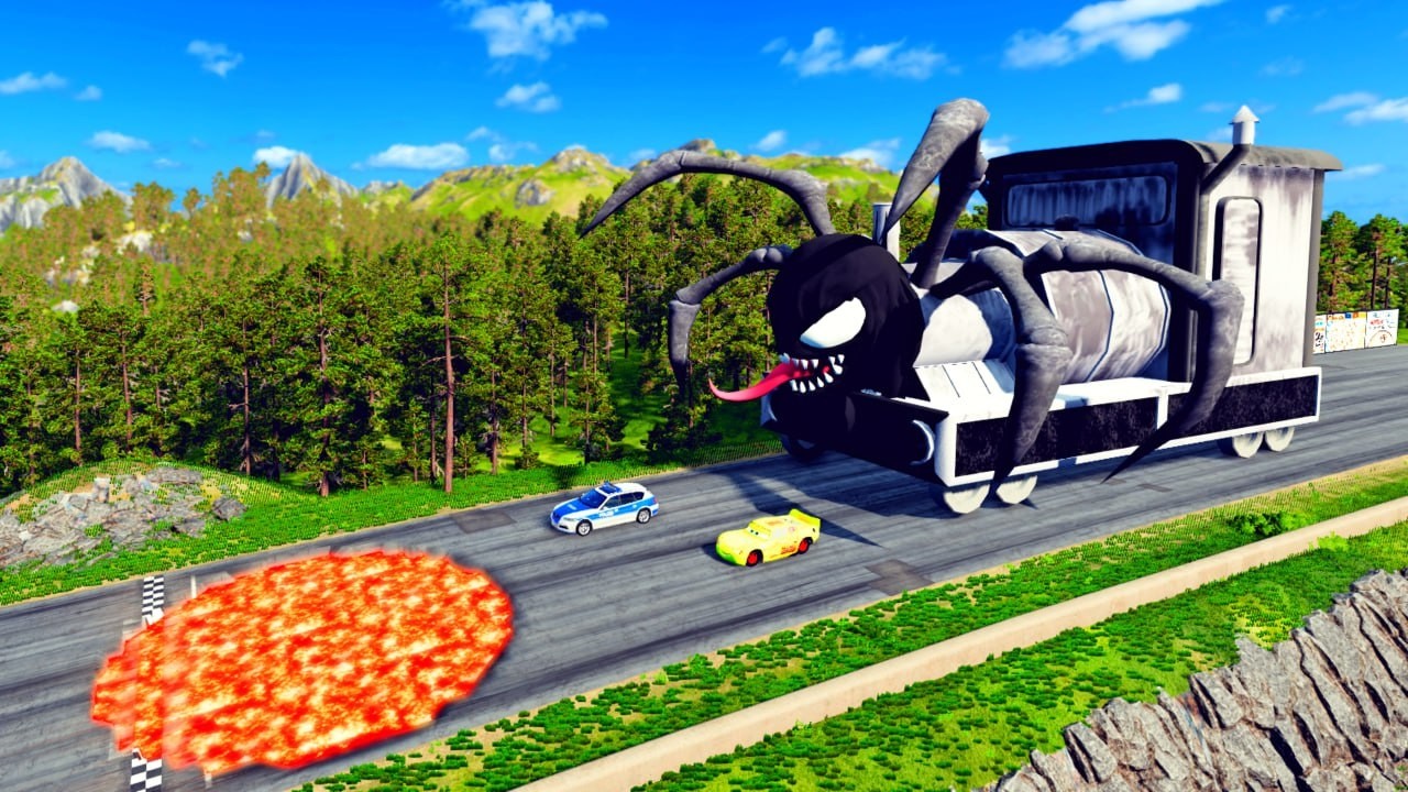 Giant VENOM TRAIN VS Cars Lightning McQueen & Police Car & Lava Pit|Beamng.Drive