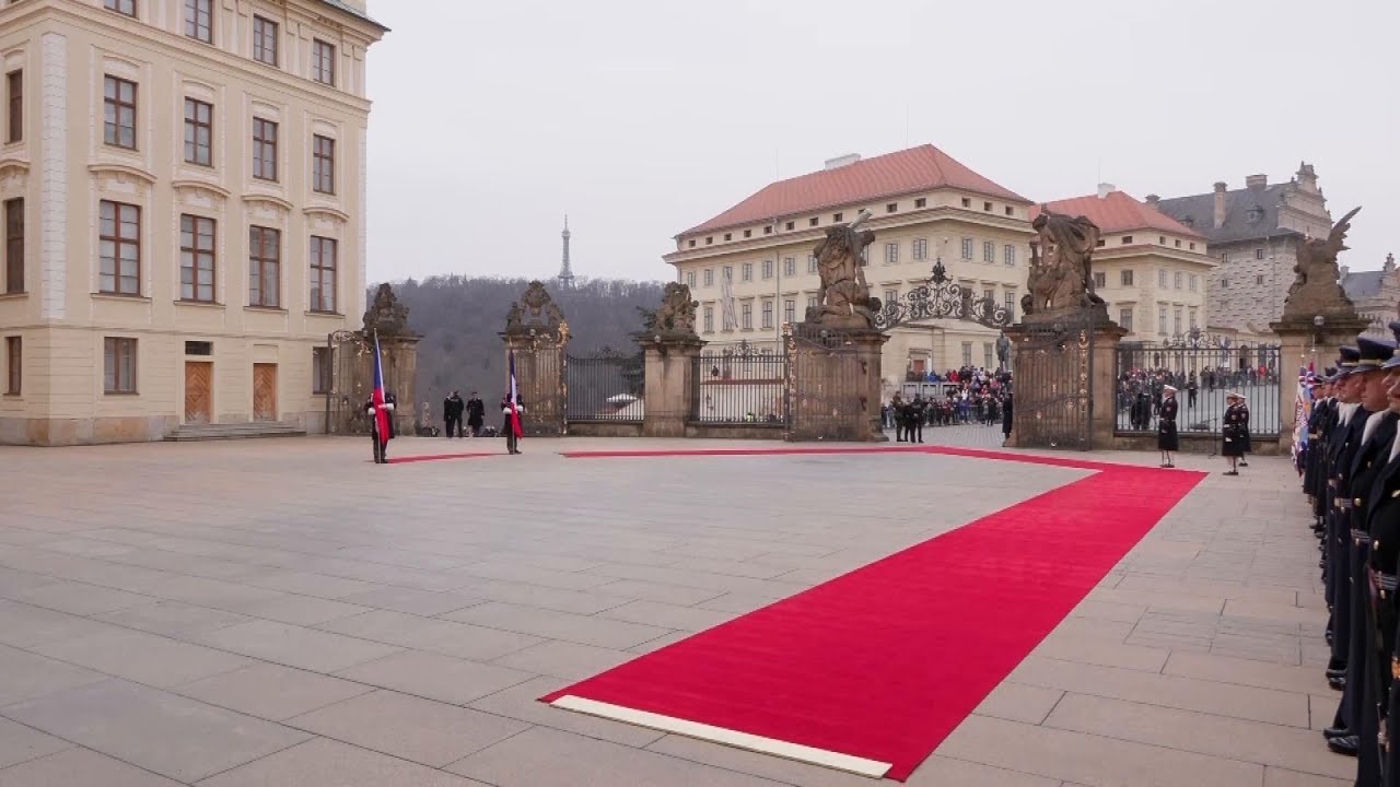French President Emmanuel Macron welcomed to Prague by Czech counterpart Petr Pavel