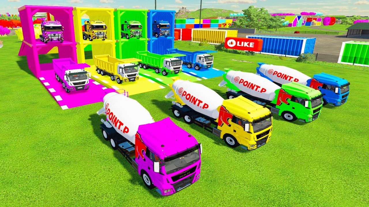 Garage With Colors - ALL COLORUFL MAN MIXER TRUCK, MAN DUMP TRUCK TRANSPORTING TO COLORFUL GARAGE