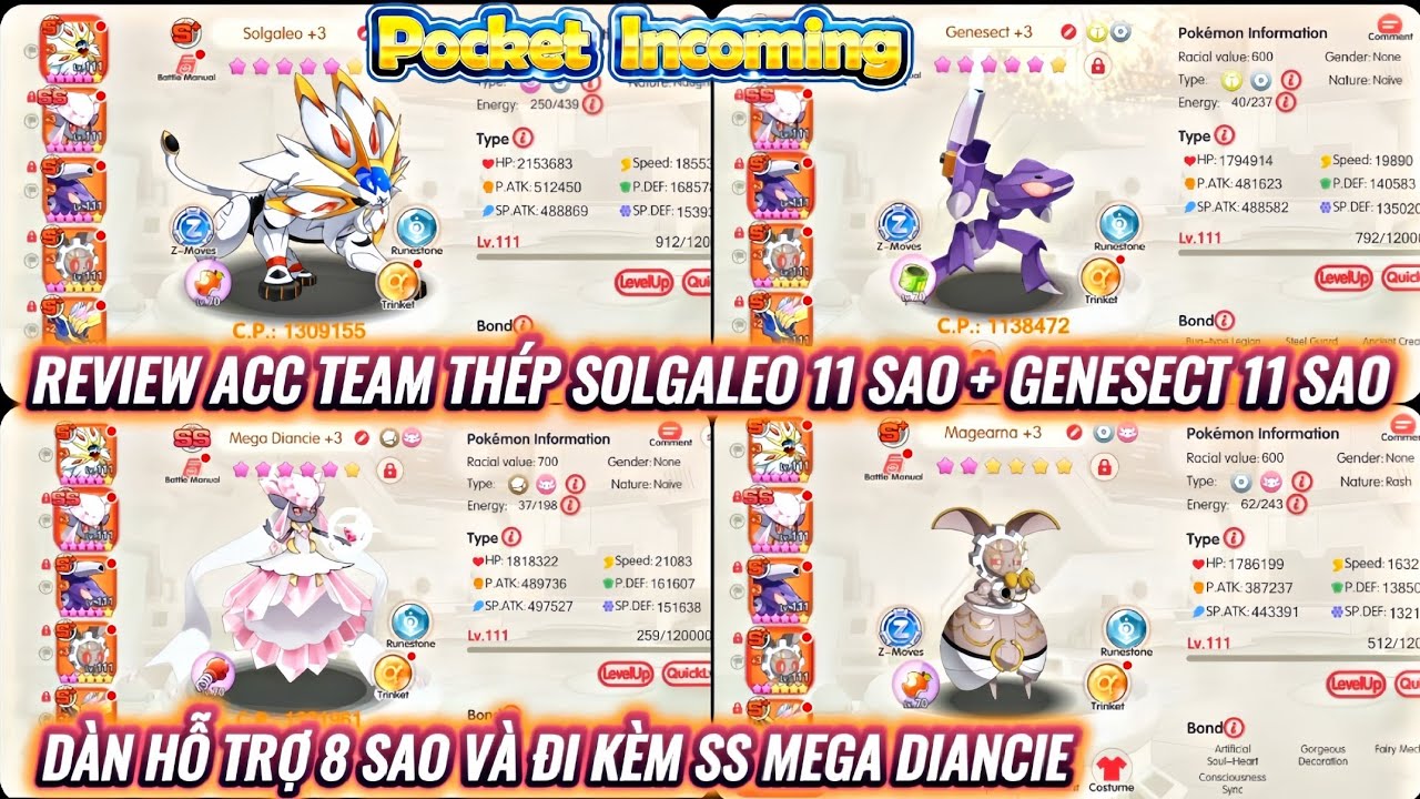 𝐏𝐨𝐜𝐤𝐞𝐭 𝐈𝐧𝐜𝐨𝐦𝐢𝐧𝐠 : Review Acc Team Thép 11 Sao Solgaleo và Genesect | Hỗ trợ 8 Sao & SS Mega Diancie