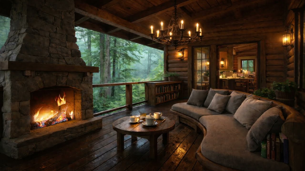 Rainy Cabin Veranda 🌧️ Fireplace & Rain Sounds