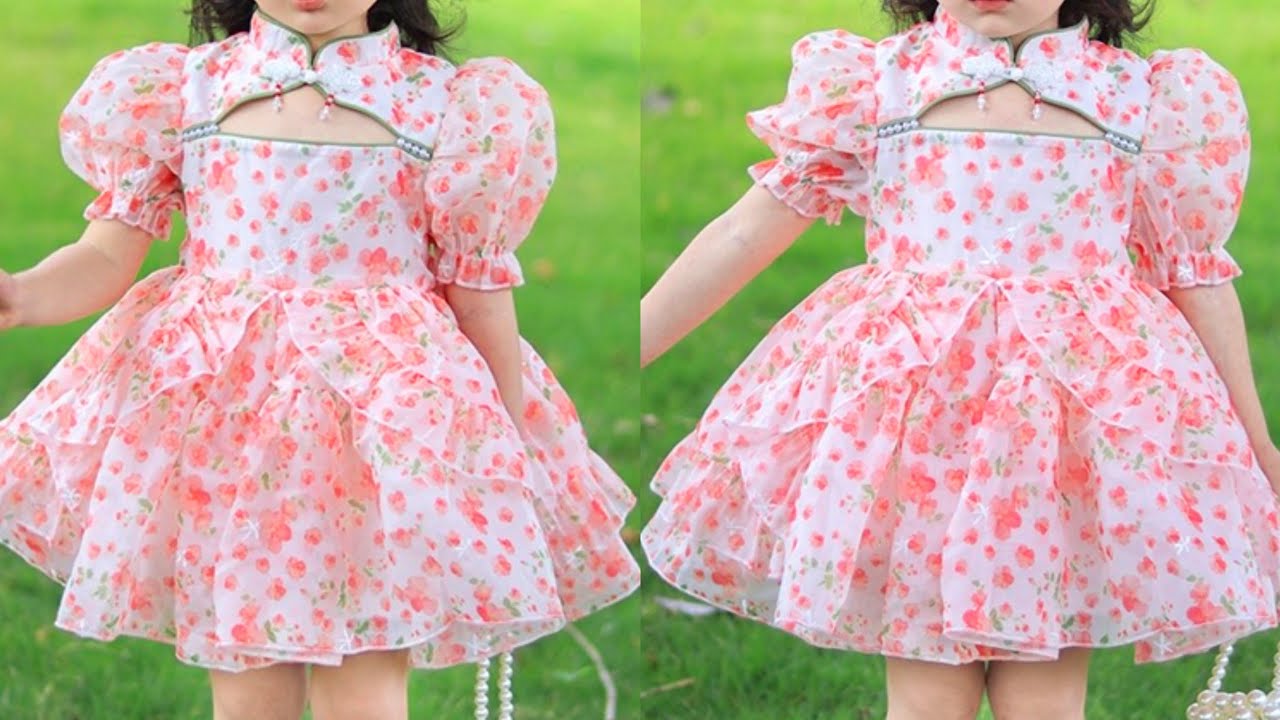 Trendy Stand Collar Hollow Design Puff Sleeve Baby Frock Cutting and Stitching | DIY Baby Frock
