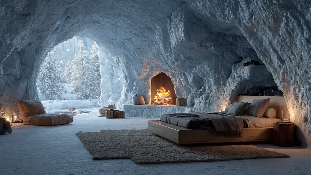❄️ Winter Wind in Cave | ASMR Blizzard 3 Hours & Warm Fireplace | Stress Relief Study Work Sleep