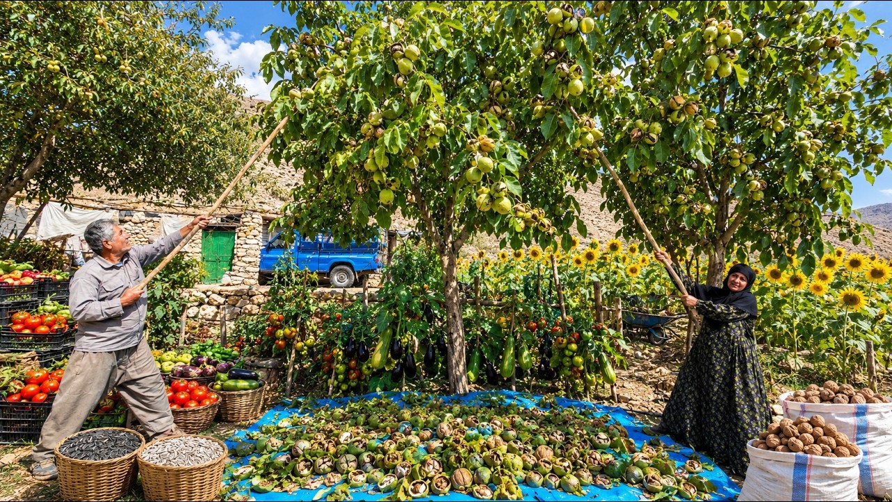 Zbi&oacute;r ekologicznych orzech&oacute;w i owoc&oacute;w w g&oacute;rach Zagros | Tradycyjne życie koczownicze⛰️🌰🌻🌶🍅