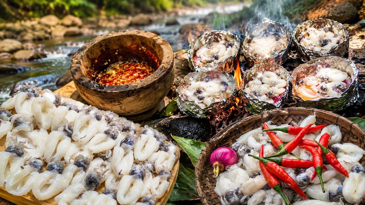 Forest Cooking Adventure Spicy Grilled Squid with Unique Wild Spices