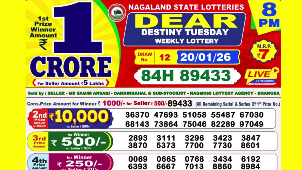 DEAR DESTINY TUESDAY WEEKLY LOTTERY TODAY RESULT 8 PM 20/01/26#latest lottery result