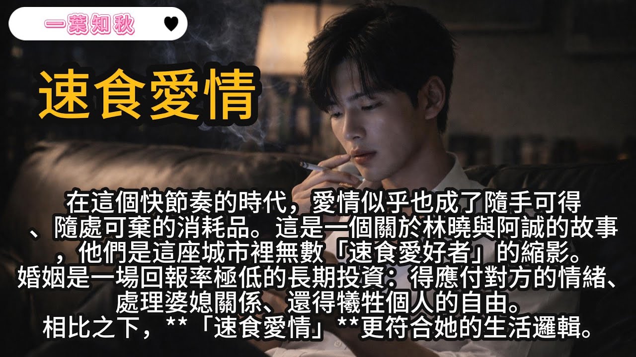 在這個快節奏的時代，愛情似乎也成了隨手可得、隨處可棄的消耗品。這是一個關於林曉與阿誠的故事，他們是這座城市裡無數「速食愛好者」的縮影 #小說 #言情小說 #現代小說 #一口氣看完