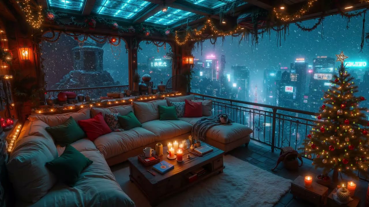 Chill Cyberpunk Skyline Balcony at Night with Light Snowfall and Soothing Ambient Music for Work