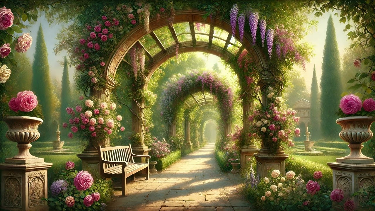 🌸 Pergola Rose Garden – Oil Painting | TV ART Background | Rose Garden Wallpaper 🌿 4K