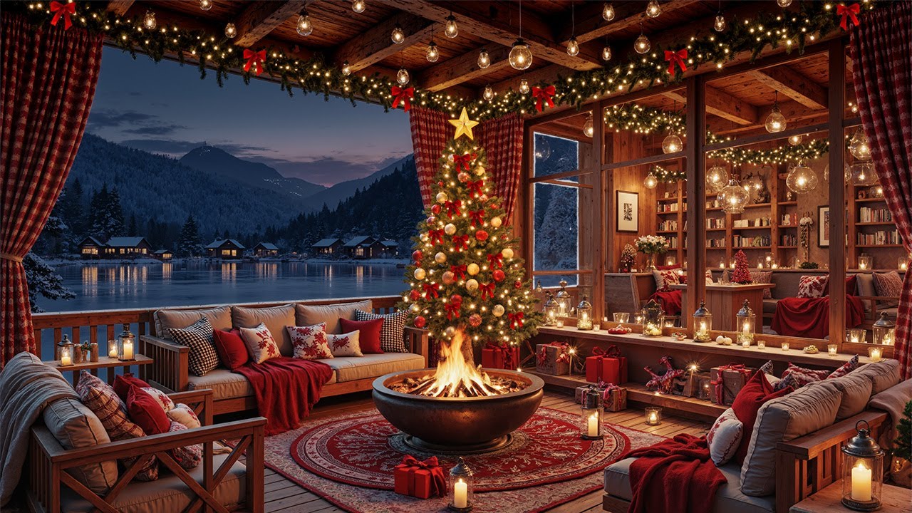 Cozy Christmas Jazz at Lakeside Winter Cabin ❄️Soft Christmas Fireplace Ambience & Slow Falling Snow