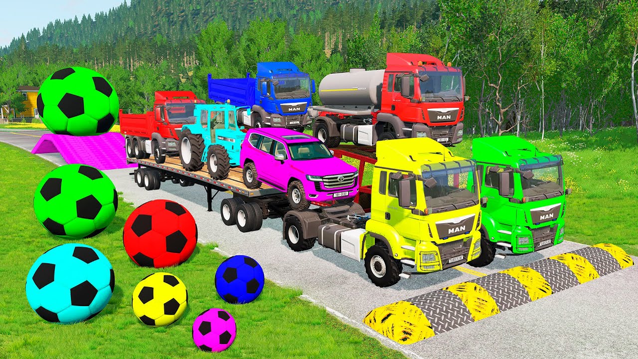 Flatbed Trailer McQueen Transportation with Truck - Speedbumps vs Cars vs Train - BeamNG.Drive #18