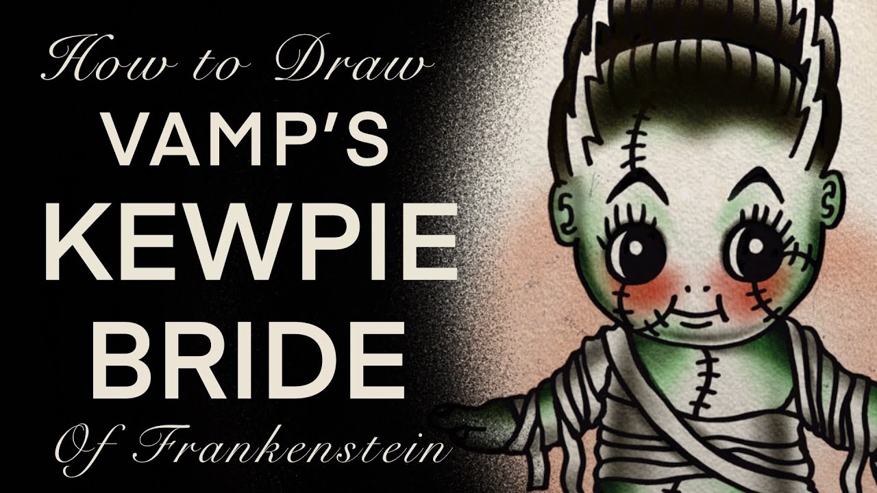 How to Draw Traditional Kewpie Doll Bride of Frankenstein PIN-UP Tattoo Flash - Coloring Book Page