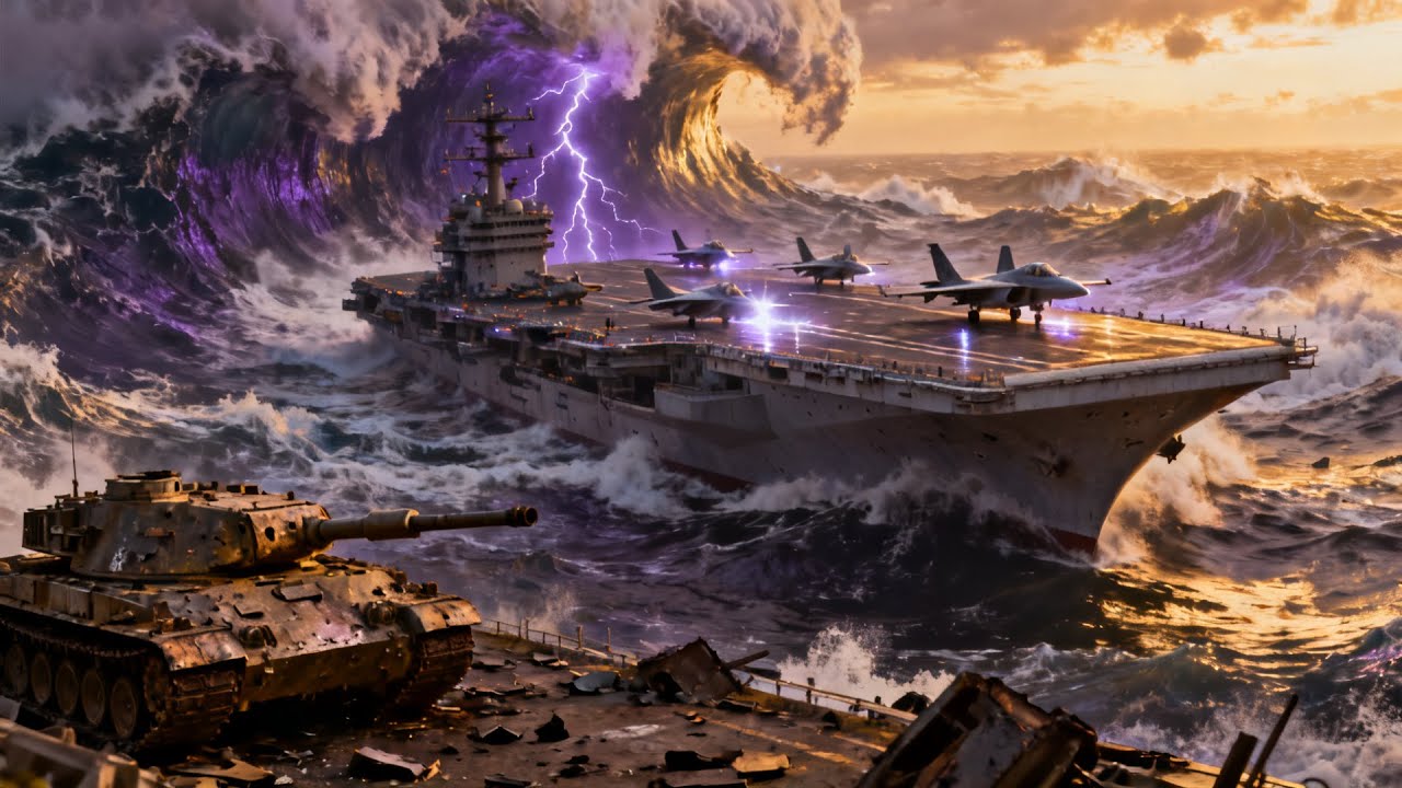 US aircraft war ship carrier survival mystery in Strait of Hormuz - stormy waves engulf carrier