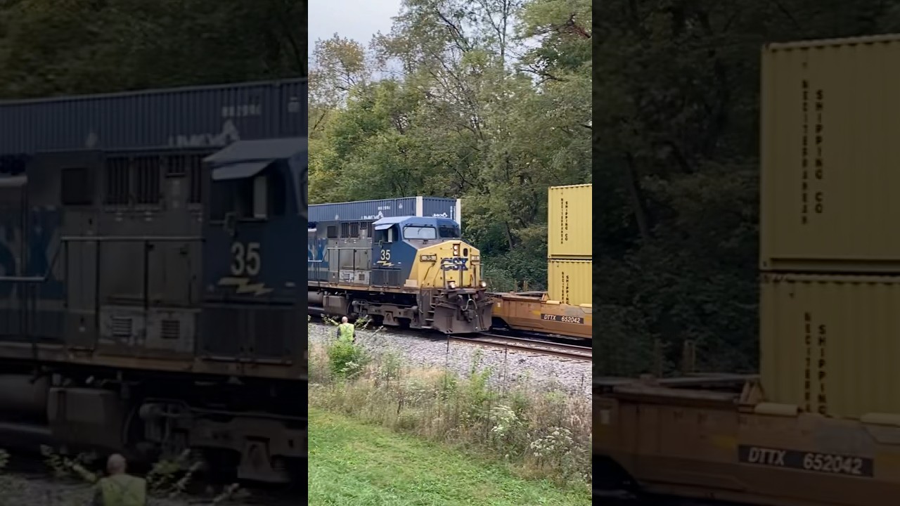 Autorack Train with YN2 Leading Speeds Past Stopped Intermodal Train 