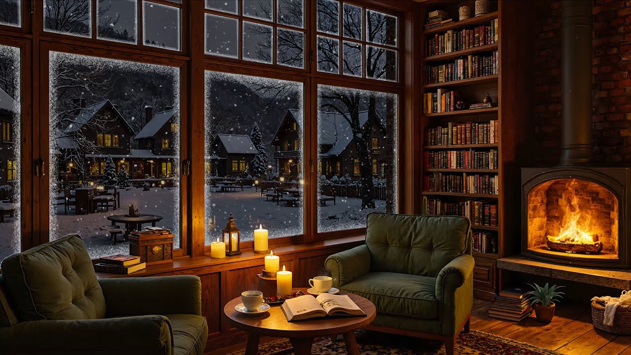 Warm Piano Jazz & Crackling Fireplace ☕ Cozy Winter Night in a Snowy Library Café Study, Work, Relax