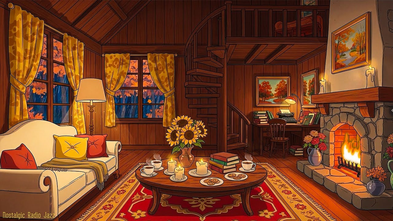 vintage 1960s oldies playing in another room📖soft rain & fireplace sounds to study & reading nook