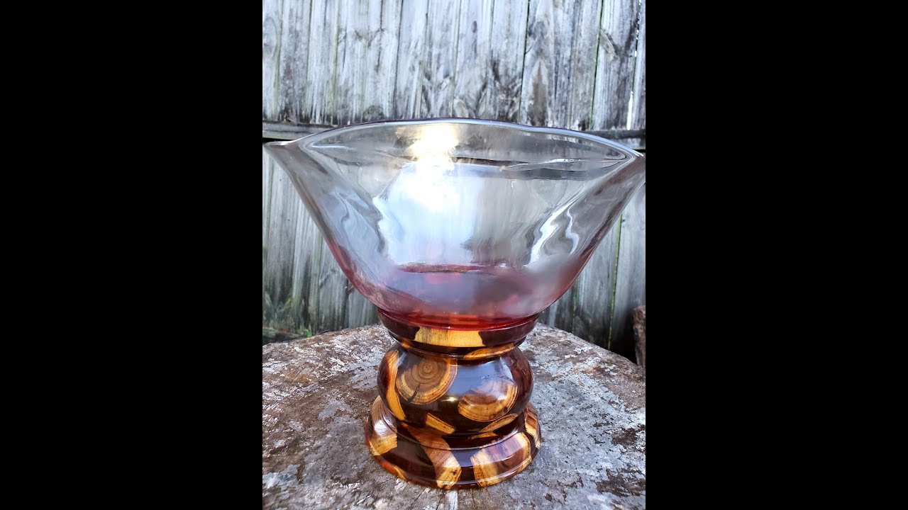 Glass Bowl with Resin, Pine cone and wood pedestal