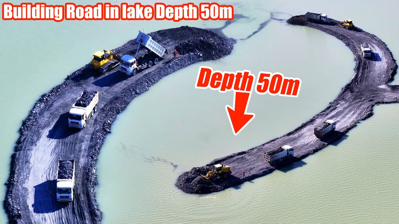 Part 458| Amazing! Building Road In the middle of the lake Water Depth 50m By Trucks & Dozer Pushes