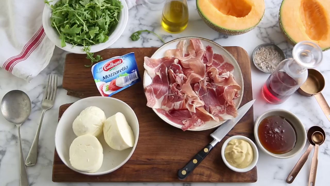 Melon, mozzarella & parma ham salad with a honey & mustard vinaigrette