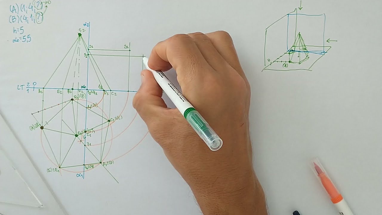 Épura de pirâmide reta de base pentagonal regular no PHp seccionada por plano de perfil