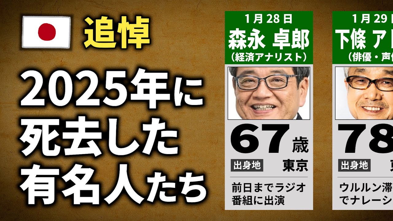 2025年に亡くなった有名人30名【追悼】