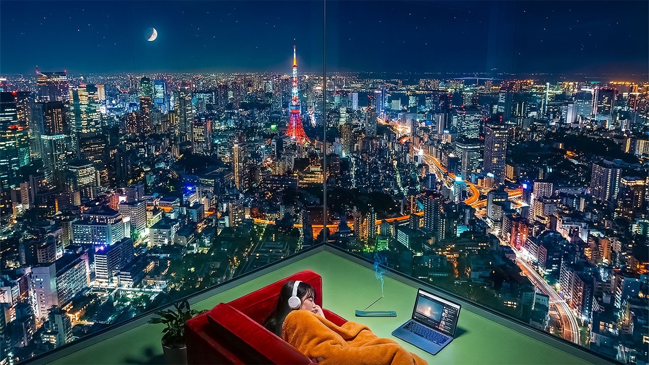 TOKYO NIGHT FROM HIGH CORNER TERRACE | DEEP SLEEP AMBIENT + COSMIC HUM | 1 HOUR 4K