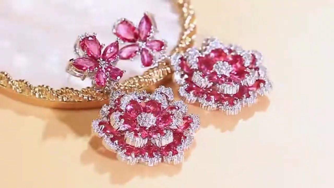 Exquisite Ruby Red Big Flower Cubic Zirconia Luxury Dangle Drop Earrings for Women 