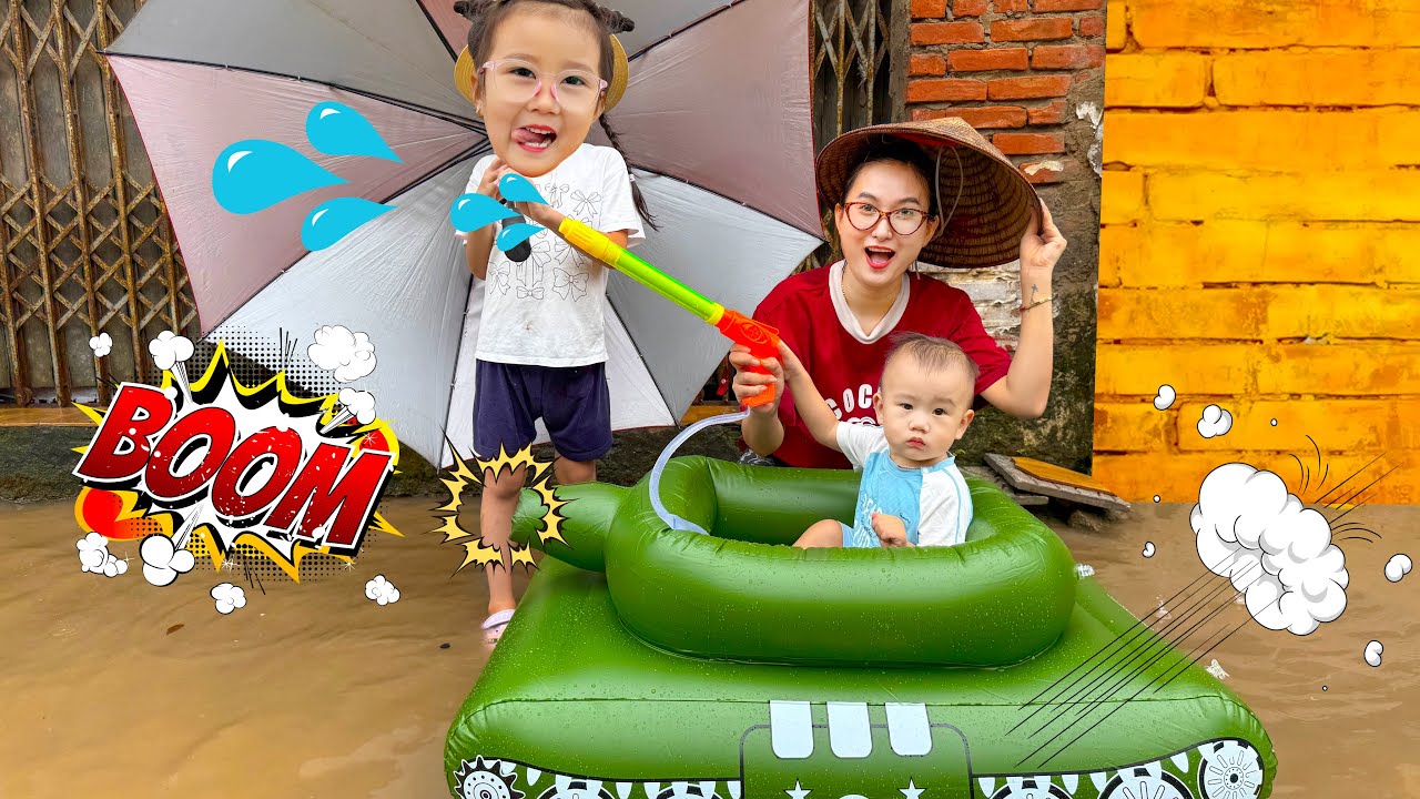 Changcady review phao bơi xe tăng, giúp em Cam vượt qua nước ngập tới trường