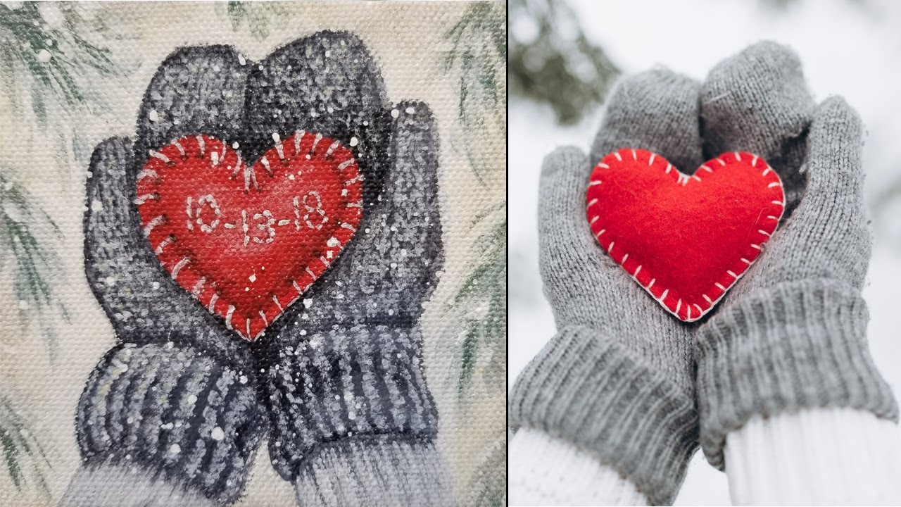 Winter Mittens w/ Heart Christmas Ornament Acrylic Painting LIVE Tutorial