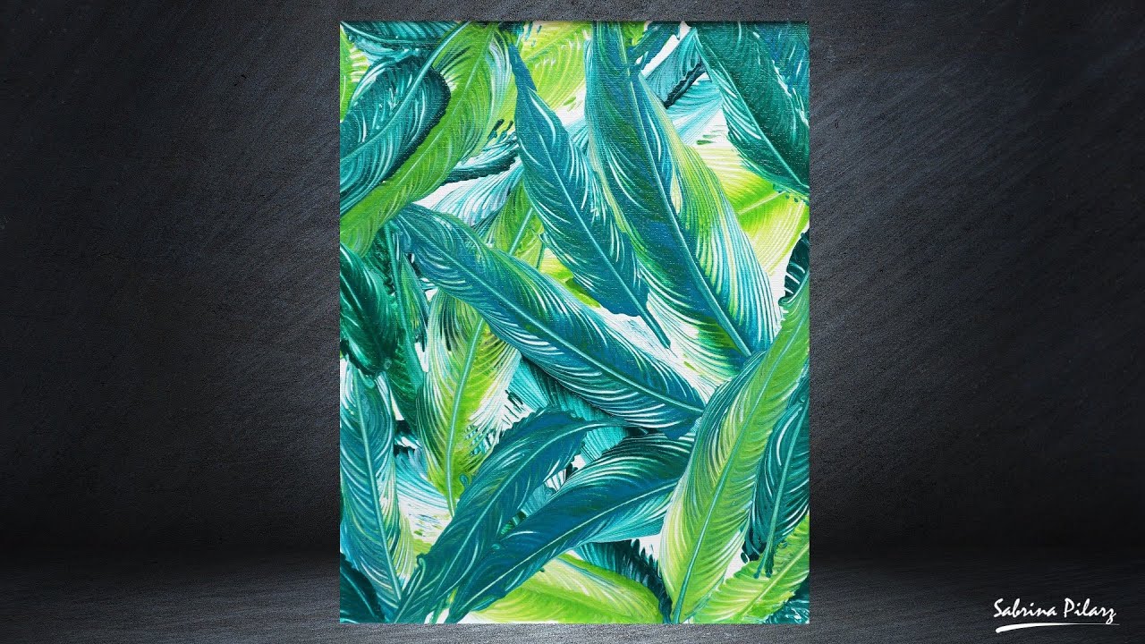 🌈PEINTURE FEUILLE DE PALMIER TROPICALE Plume Tableau abstrait fluid art Pouring chaîne SABCREATIONS