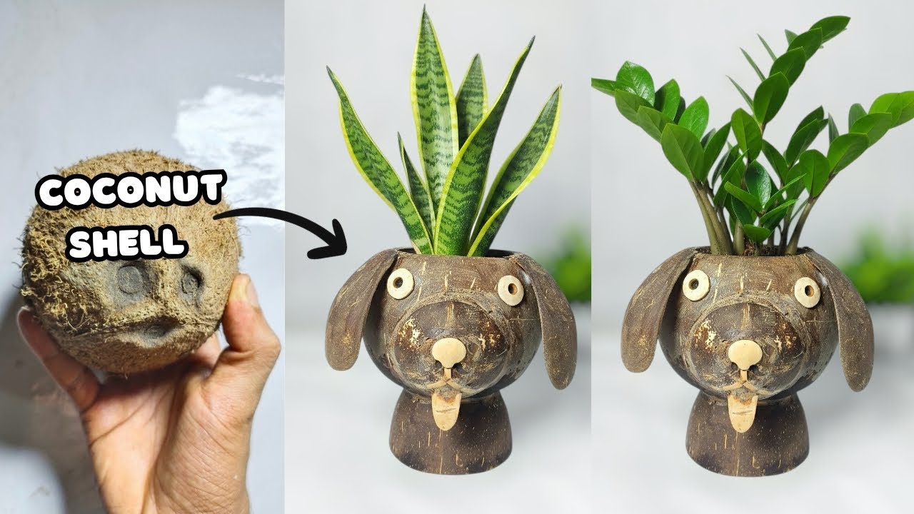 🥥Как сделать симпатичный цветочный горшок в виде собаки из кокосовой скорлупы 🐶🪴 | Поделки из кок...