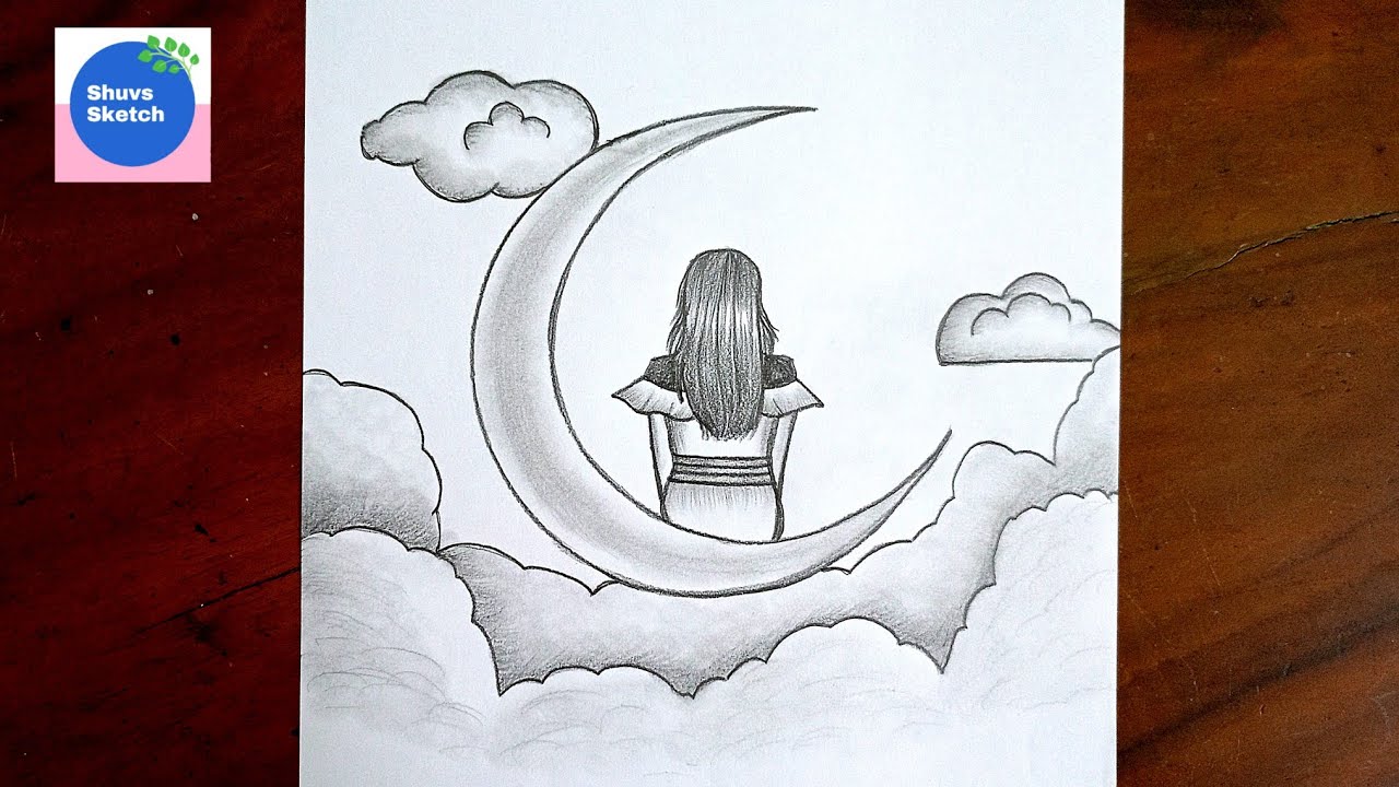 How to Draw a Girl on Clouds with Moon || Pencil Sketch Easy Drawing || Art Video