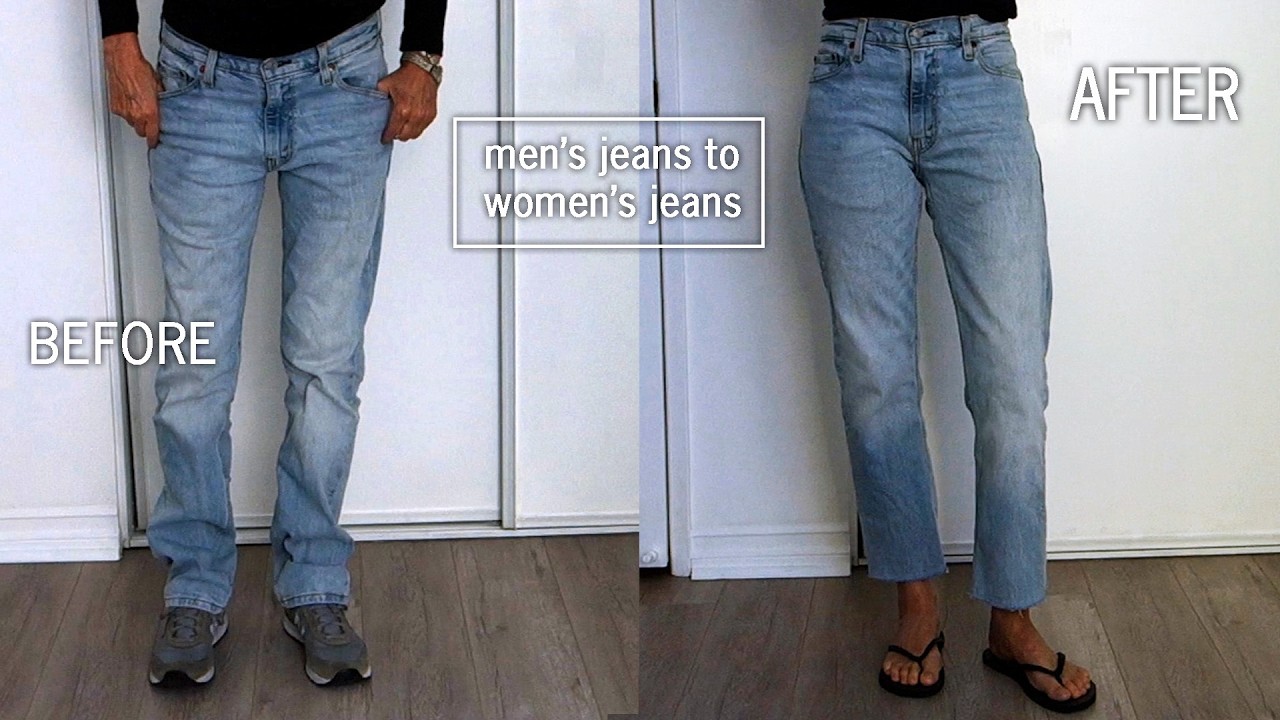 DIY JEANS REFASHION : How to turn men's jeans into women's jeans