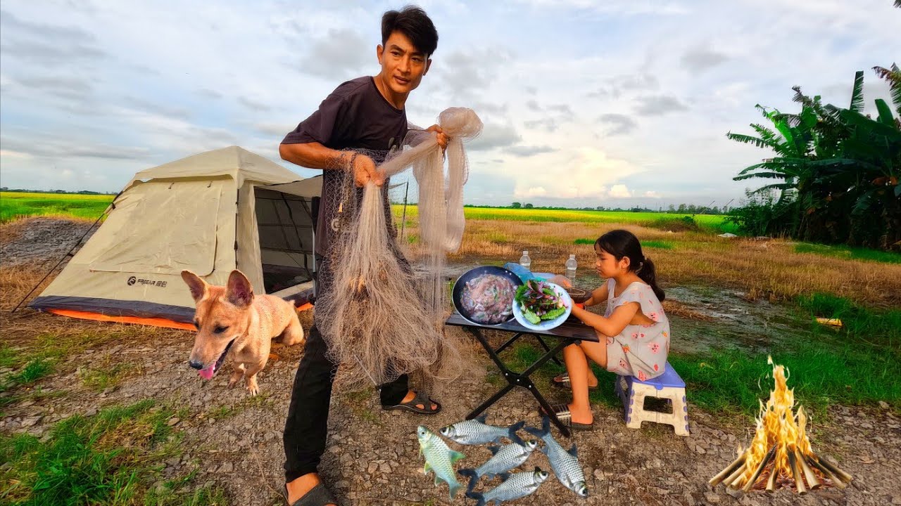 Camping in the rice fields with my daughter | Catching fish and cooking local dishes 