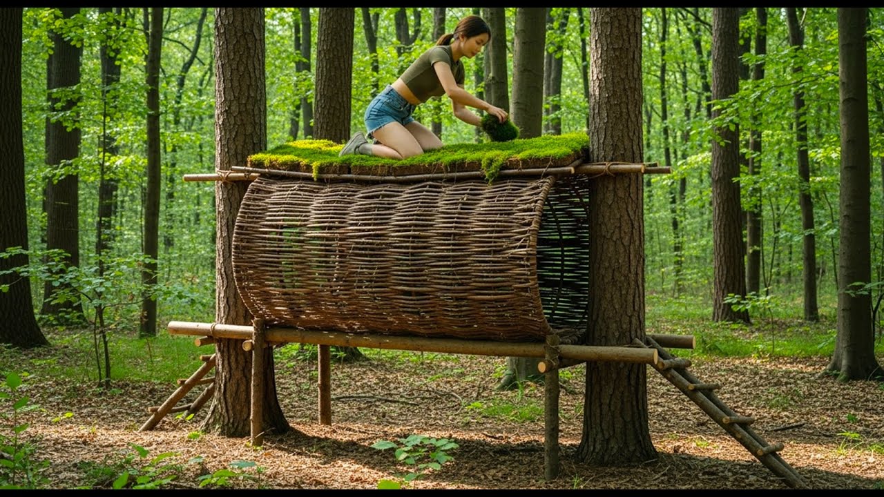 Young Girl Builds a Warm and Cozy Bushcraft Shelter on the Tree for Survival - Treehouse, Grass Roof