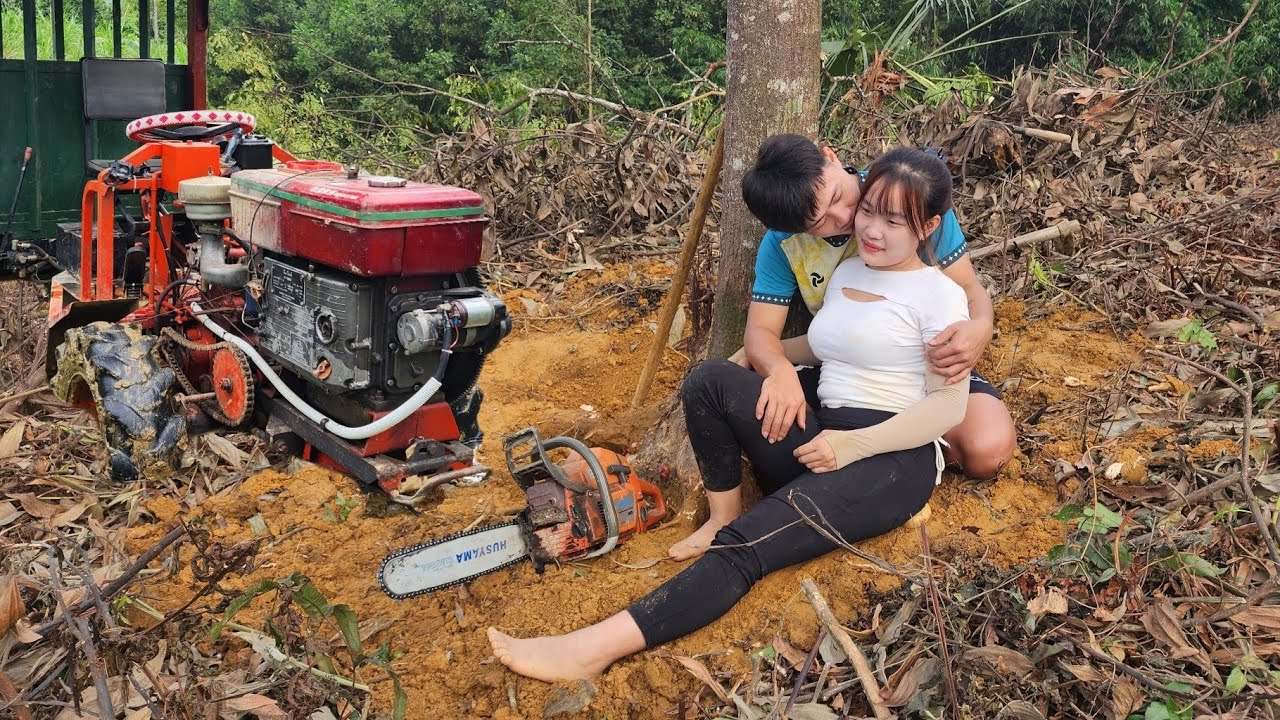 Agricultural vehicle transporting timber, logging giant trees and meeting a strange guy