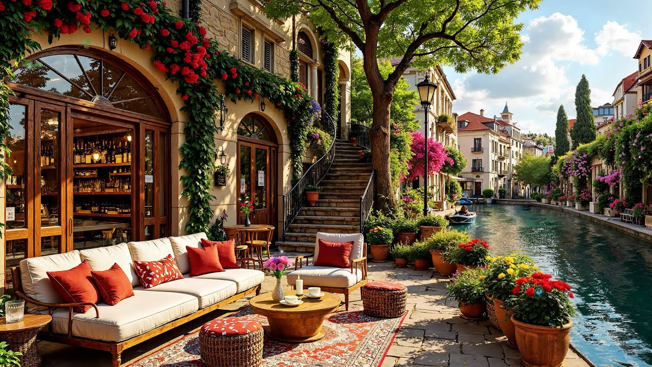 Spring Lakeside Coffee Shop with Mellow Jazz Music💐Peaceful Morning Jazz for Deep Concentration🍃☀️