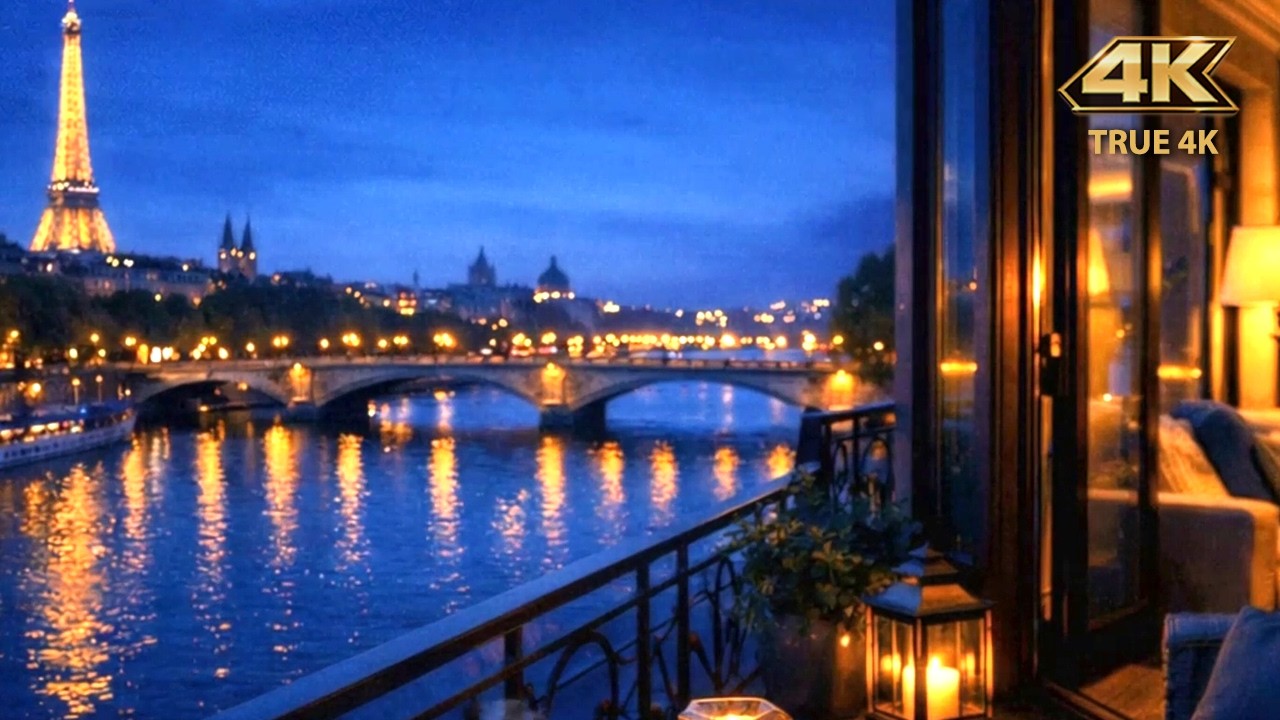4K Paris Seine Night 🌙 | Relaxing Music & Ambient Sounds for Sleep and Study