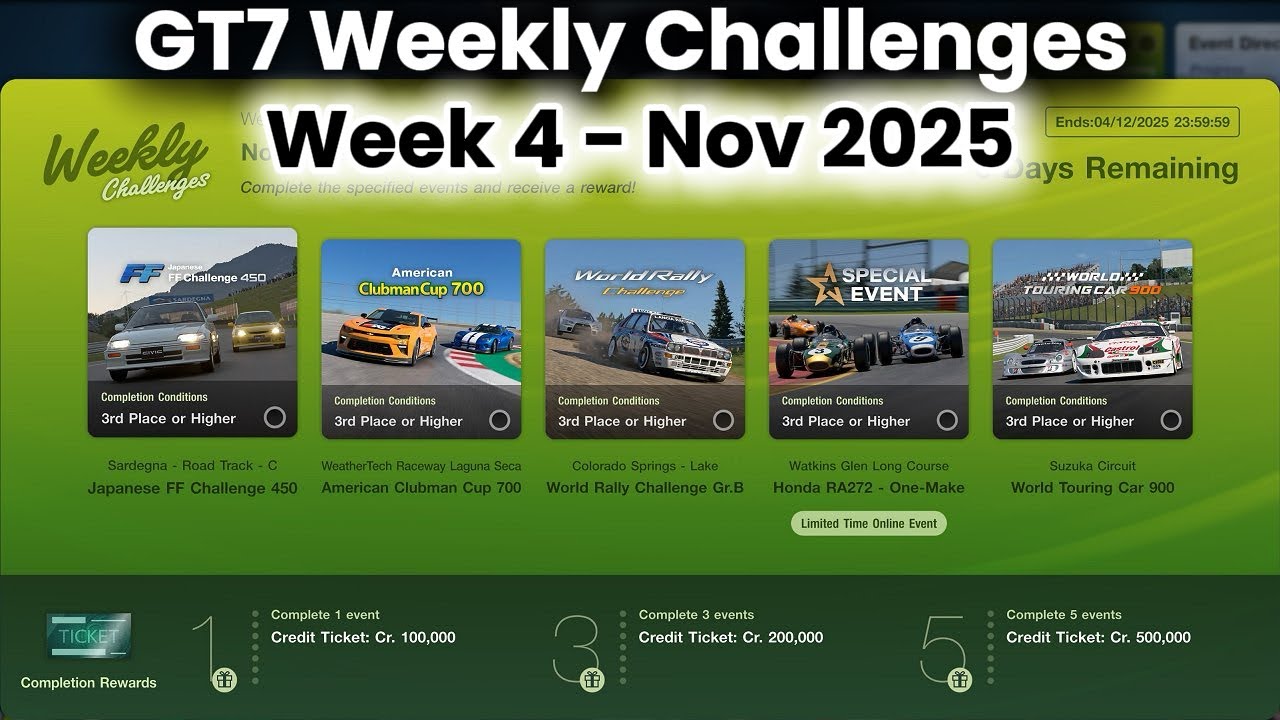 GT7 Weekly Challenges Nov 2025 Week 4 +Tunes/Car Setup Earn 1.3m Credits in 1 hr Gran Turismo 7 PS5