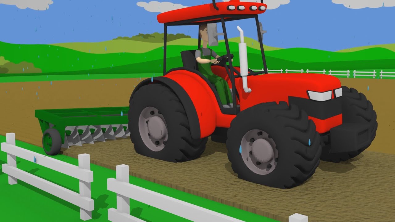 Tractor Show - Construction of the Red Tractor and marshy mud in field | Big JCB to help - For Kids