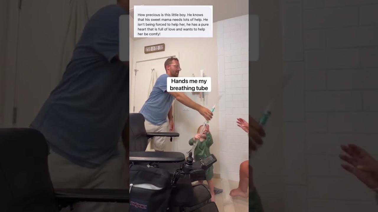 Two year old son￼ helps his disabled mom get ready for a shower