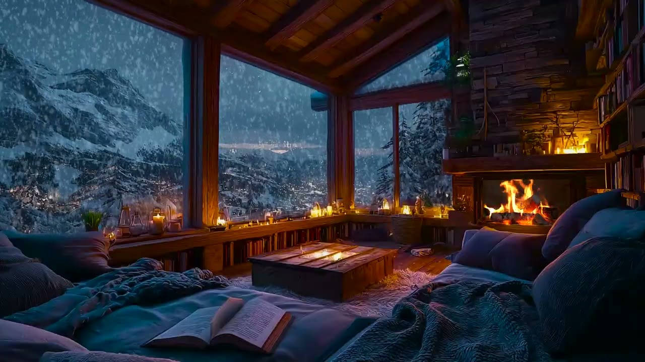 Midnight Snow Cabin Ambience with Soft Fireplace Crackles for Stress Relief and Deep Sleep