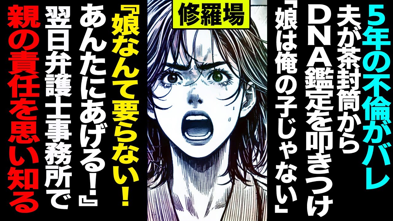 【漫画】5年不倫バレ→夫が茶封筒からDNA鑑定を叩きつけ「娘は俺の子じゃない」→逆ギレで『娘なんて要らない！あんたにあげる！』→翌日弁護士事務所で間男妻が資料を机に並べ(修羅場)【セカイノナミダ】